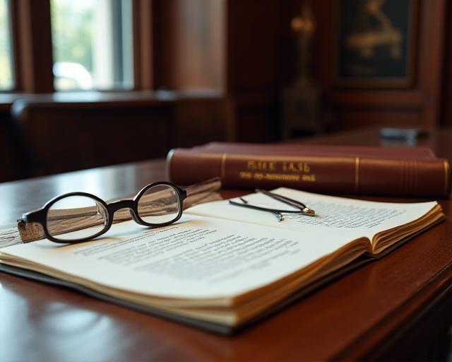 Professional legal setting with documents and leather-bound books on a dark wood table